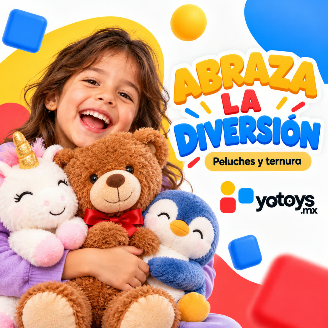 Niña abrazando peluches: unicornio, oso y pingüino