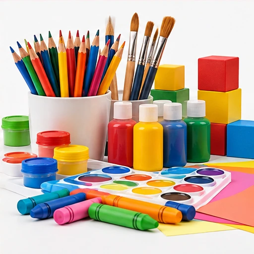 Fotografía de pinturas, lápices y materiales para niños